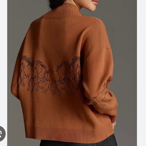 Anthropologie Montana Horses Mock-Neck Half-Zip Sweater Bronze M - Picture 8 of 8